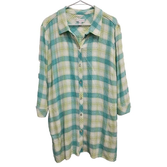 Susan Graver Womens Lagenlook Shirt Size 1X Plaid 3/4 Sleeve Casual Button Up - Picture 1 of 5